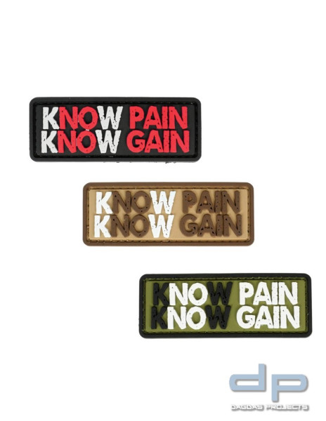 Klettabzeichen KNOW PAIN KNOW GAIN - gummiert, 70x25 mm in verschiedenen Farben