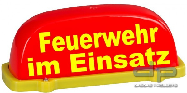 Dachschild City - leuchtrot - Feuerwehr im Einsatz - Textfarbe gelb - unbeleuchtet - Dachaufsetzer