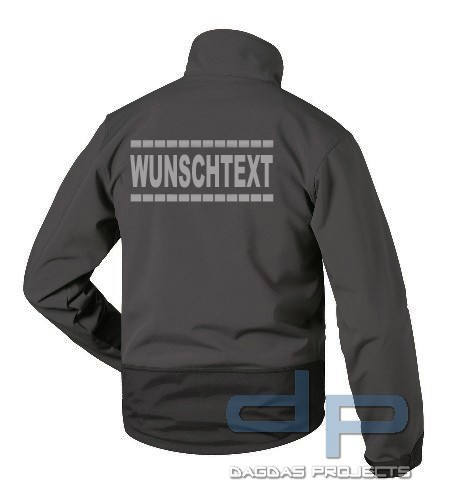 Softshell Jacke schwarz mit Wunschtext und gestrichelter Umrandung