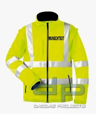 Warnschutz Softshell Jacke in Fluoreszierend Gelb 2 in 1 WUNSCHTEXT in reflex silber