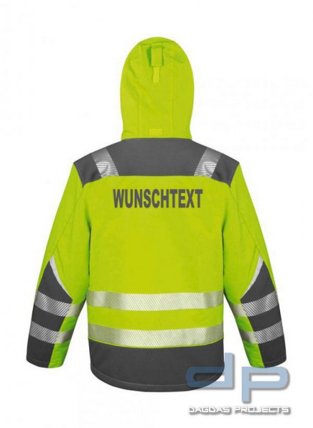 Warnschutz Softshell Jacke gelb oder orange mit Wunschaufdruck in reflex silber