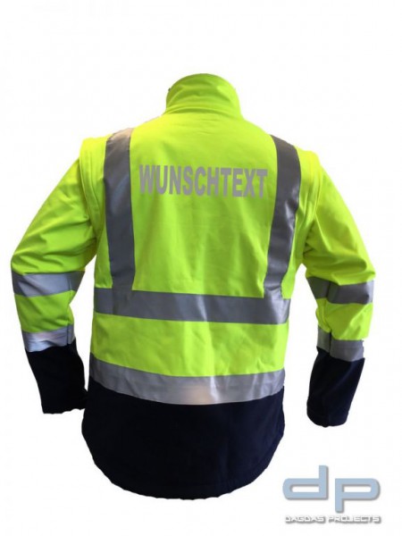 Behörden Warnschutz Softshelljacke orange oder gelb mit abnehmbaren Ärmeln und Wunschaufdruck