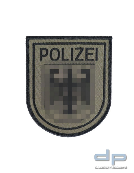 Klettabzeichen Behörde-Wappen, steingrau-oliv - Textil (92 x 75 mm)