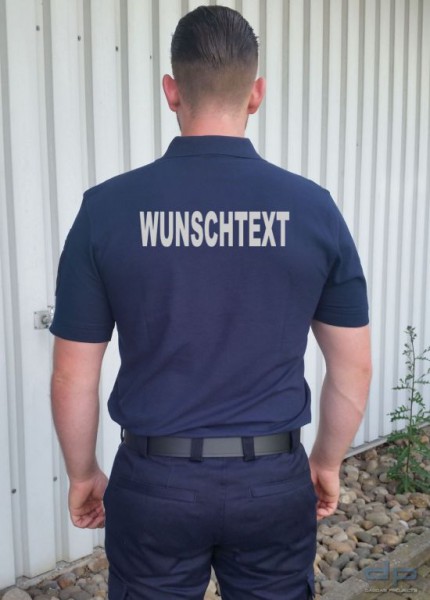 ETZEL Dienstpoloshirt unisex in Dunkelblau und Hellblau mit Wunschaufdruck in reflex silber