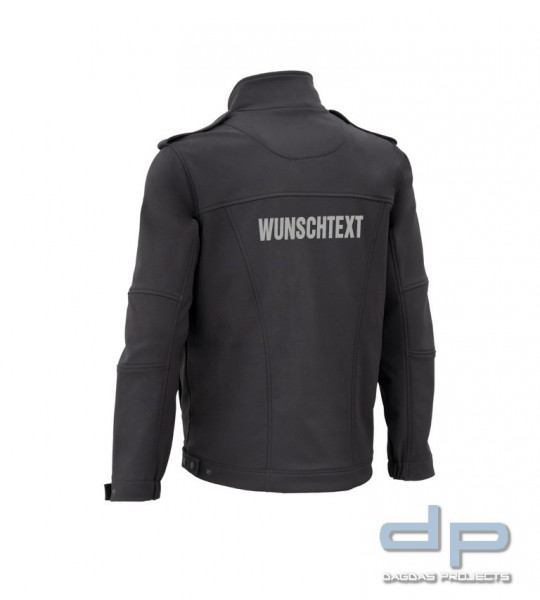 Herren SOFTSHELL-BLOUSON in Schwarzblau mit Wunschaufdruck auf Brust und Rücken