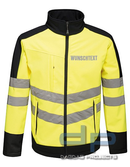 Hi-Vis Pro Softshell Jacket mit Wunschtext auf Brust und Rücken in Silber Reflex