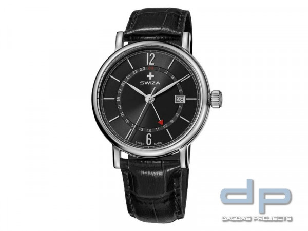 Swiza Uhr Alza GMT, Schweizer Qualitäts-Quarzlaufwerk,zweite Zeitzone, schwarzes Band