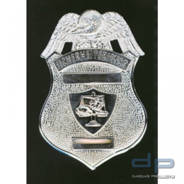 Metallabzeichen Sicherheitsdienst - silber - mit Leerflächen für Namen und Dienstnummer