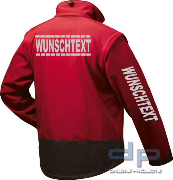 Behörden Softshell Jacke rot/schwarz mit 3 Fach Sonderdruck und Wunschtext und gestrichelte Umrandun