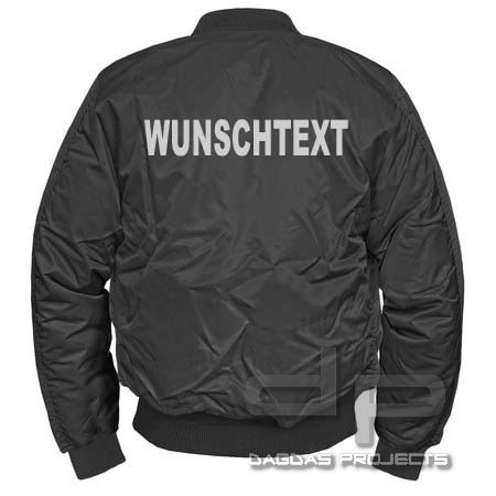 Jacke MA1 schwarz mit Wunschaufdruck in Reflex Silber Größe L, 4XL und 5XL