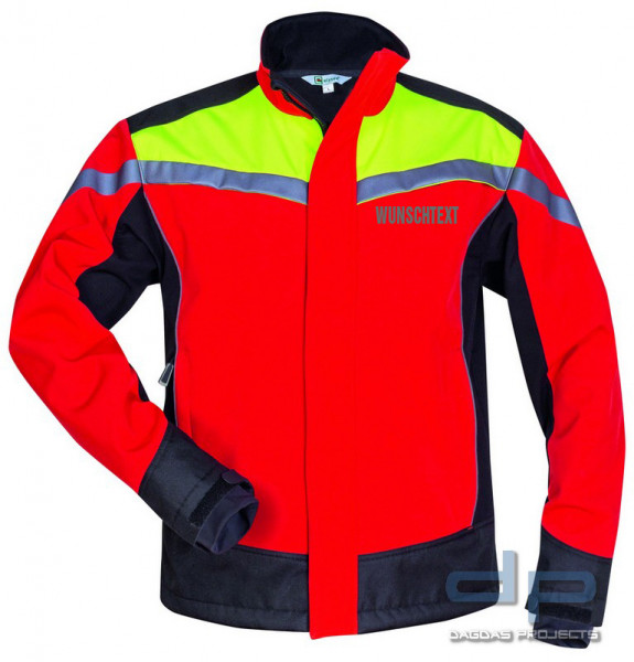 WALDARBEITER SOFTSHELL-JACKE in ROT/GELB/SCHWARZ mit Wunschtext auf Brust und Rücken in Reflex Silbe